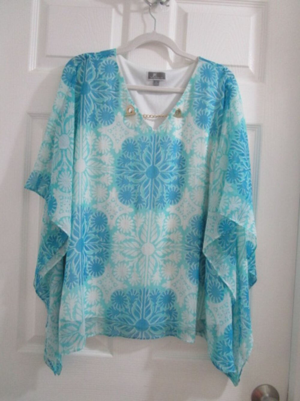 JM Collection Women's Poncho Blouse  Large White & Aqua Sheer